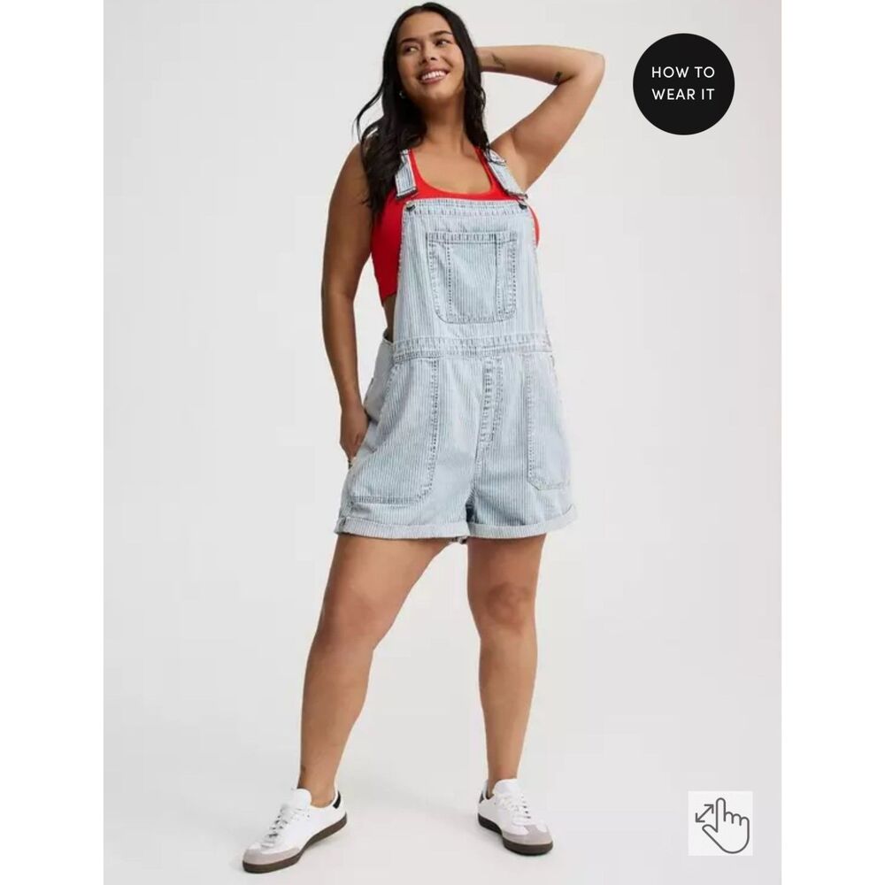 torrid Light Wash Denim Short Overalls with Red Tank